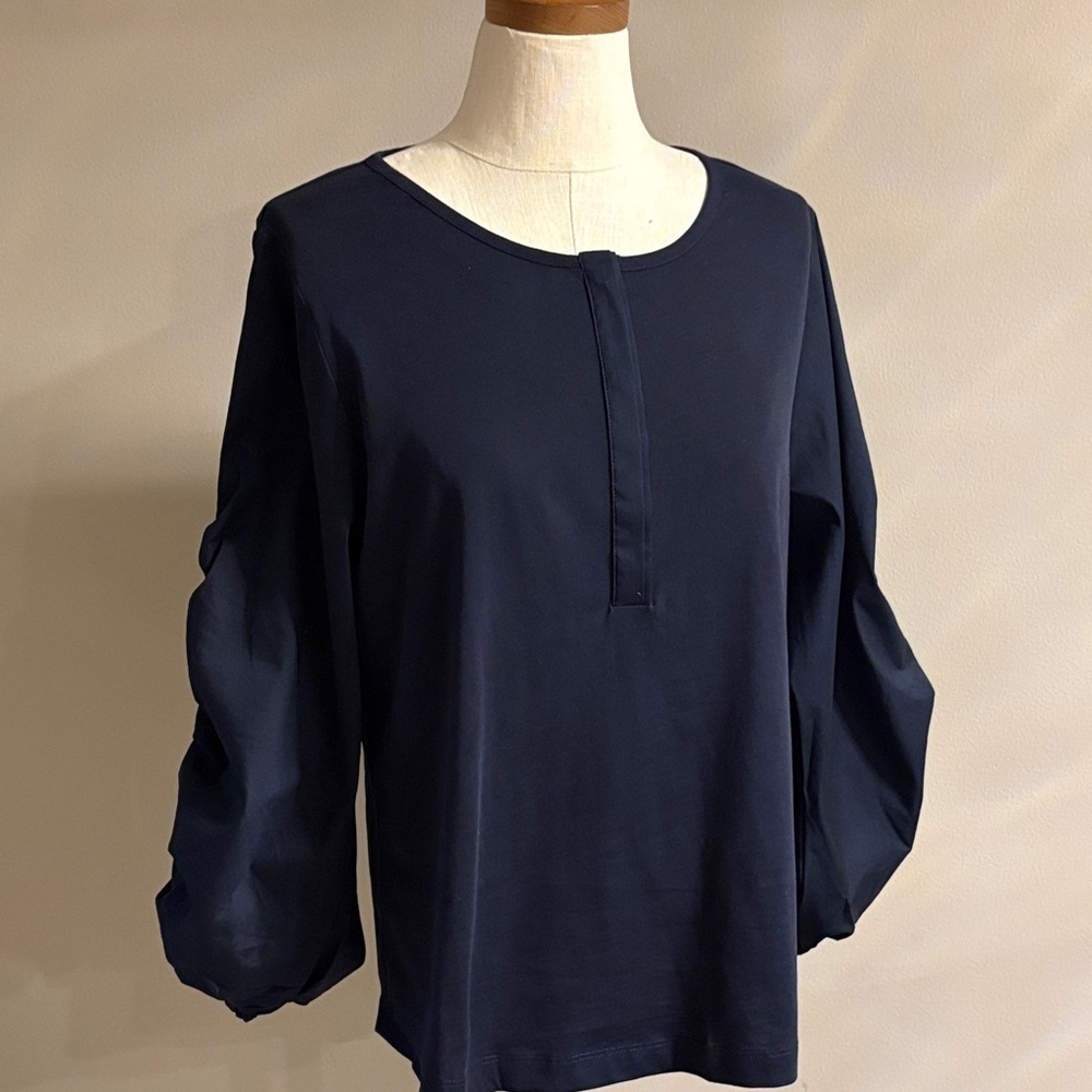 Chico's NWT Classic Navy MIX MEDIA cotton Blouse top statement touched sleeves L - Picture 3 of 12